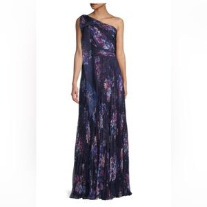 MARCHESA Pleated One-Shoulder Floral-Print Gown
